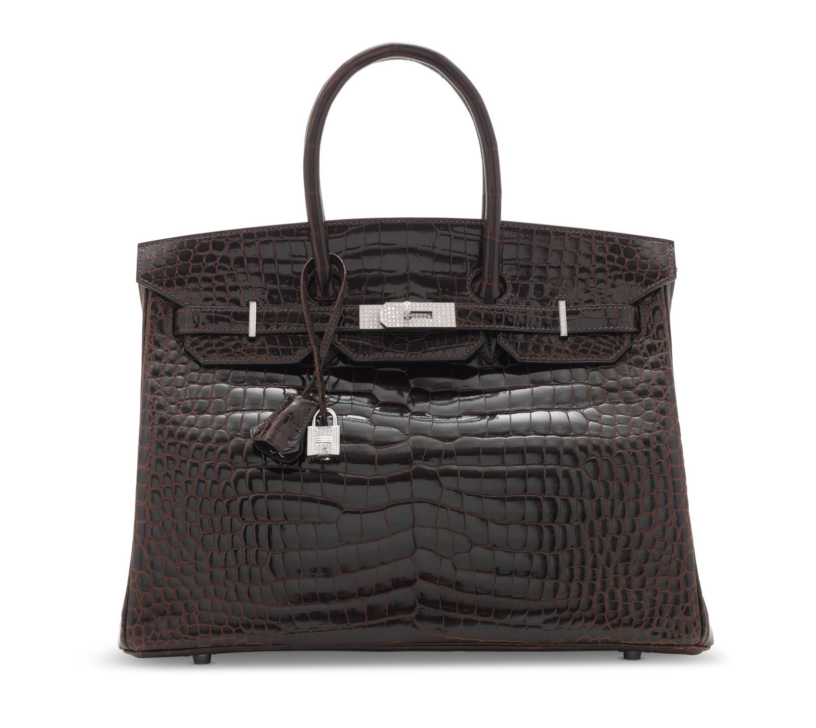 Dark brown crocodile-pattern Birkin-style handbag with silver-tone hardware