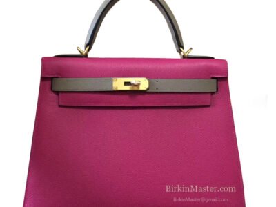 Hermès Kelly 28 Epsom Tricolor (Rose Tyrien Gris Mouette Gris Mouette) GHW