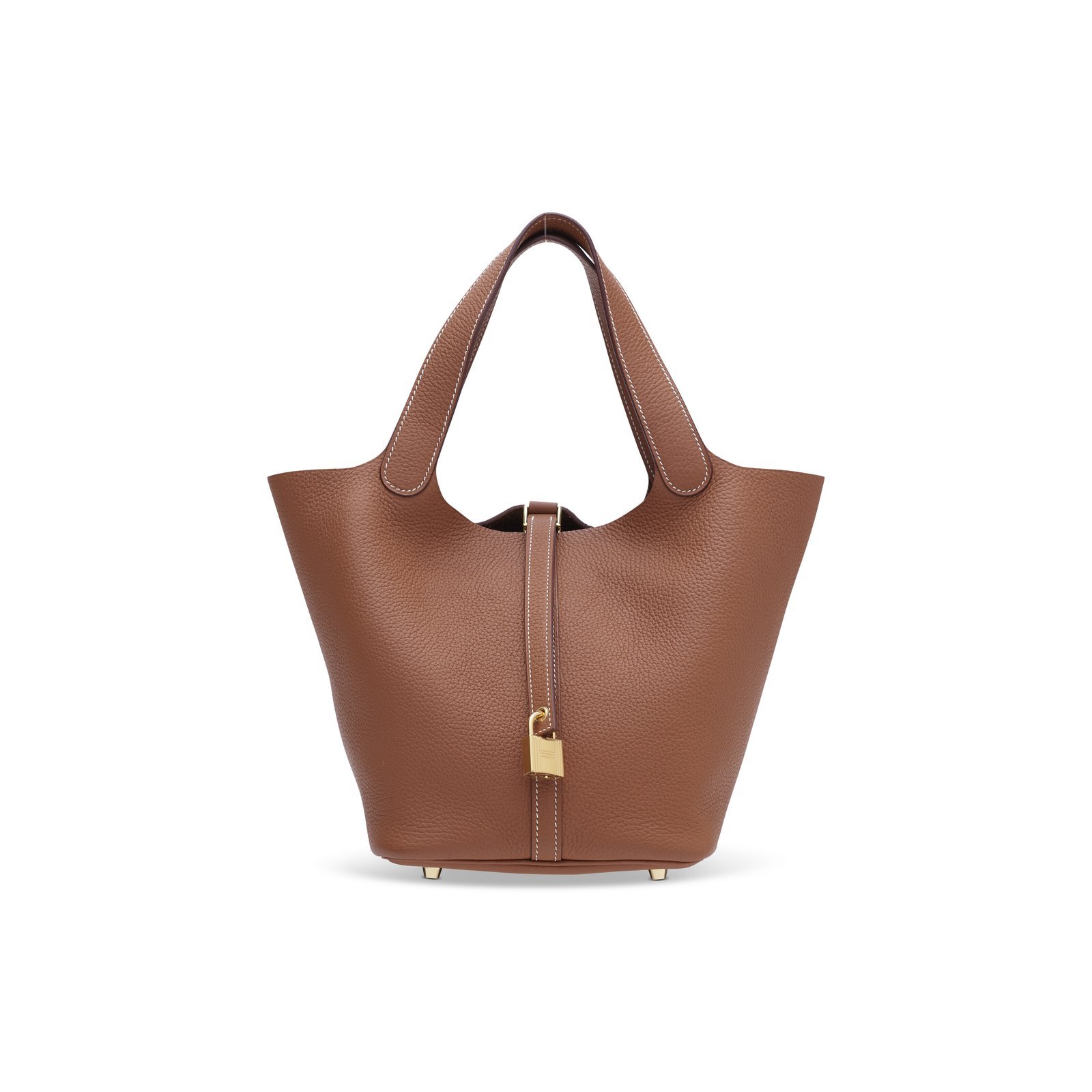 Cognac pebbled leather bucket tote with gold-tone hardware